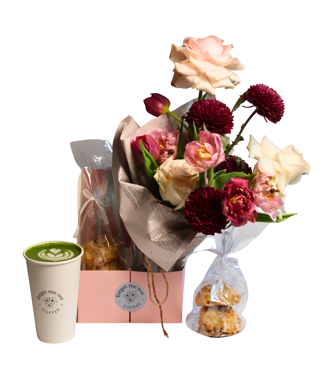 Large floral bundle, pictured in carrier with mini scones and matcha latte