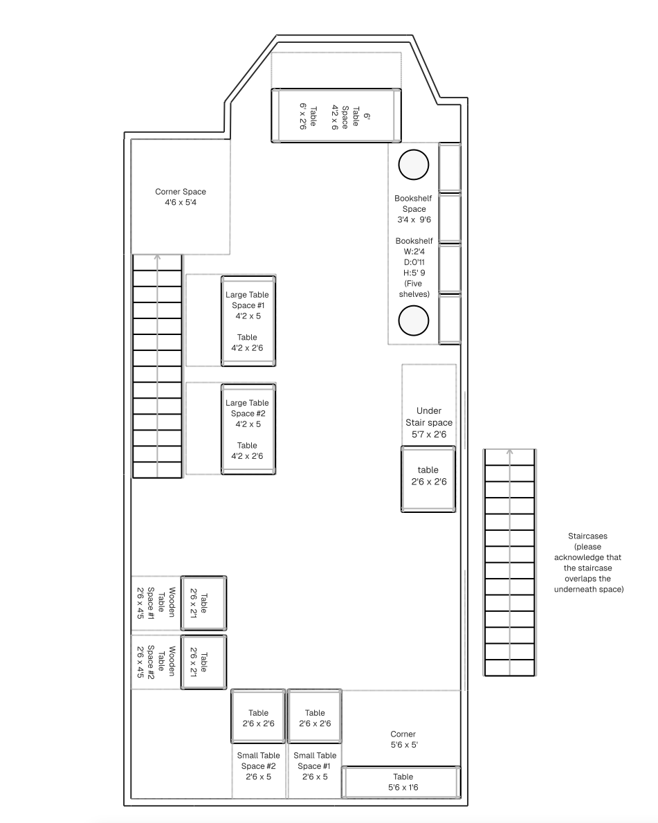 A floor plan layout of the FMN vendor's market with various sections and tables labeled with numbers.