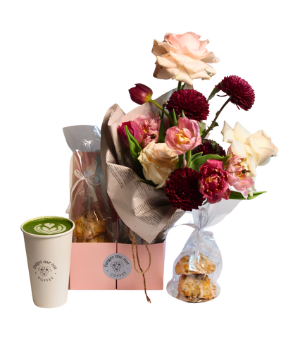 Large floral bundle, pictured in carrier with mini scones and matcha latte
