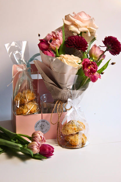 Small/Medium Bouquet pictured in carrier with mini scones 